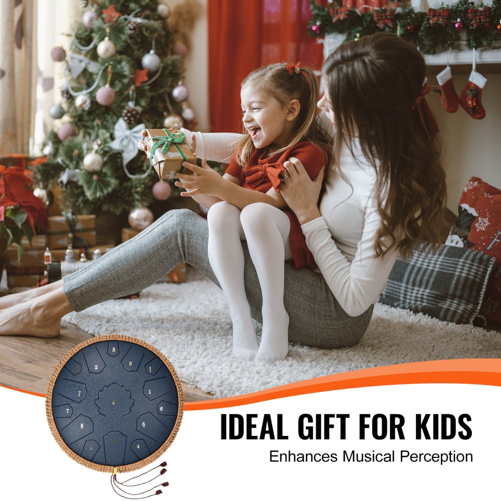 VEVOR Steel Tongue Drum, 14 in & 15 Notes, Rain Drum for Outside Garden, C Major Key, Tank Drum with 2 Mallets & Carry Bag, Hand Pan Drum Percussion Instrument for Musical Education Yoga, Navy Blue