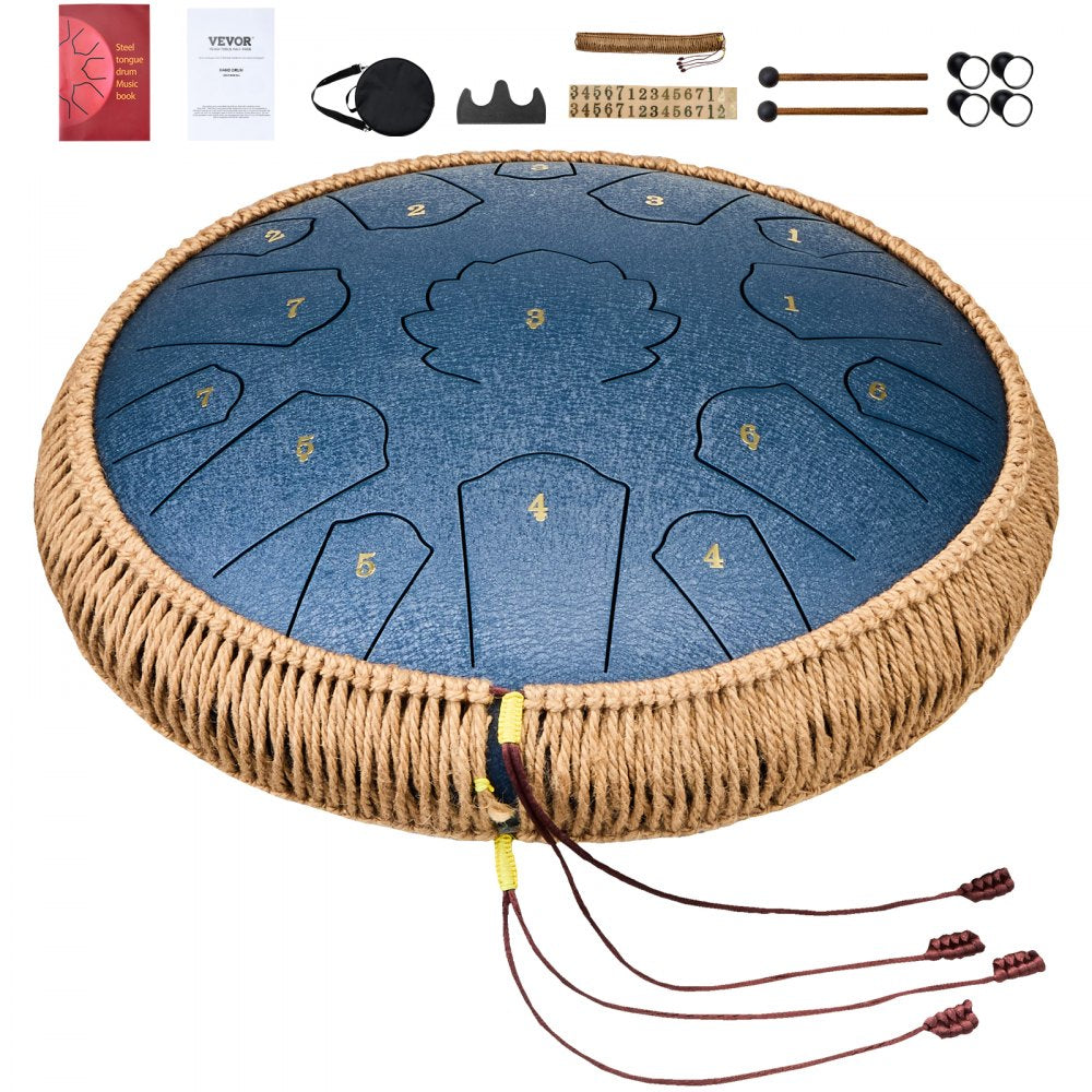 VEVOR Steel Tongue Drum, 14 in & 15 Notes, Rain Drum for Outside Garden, C Major Key, Tank Drum with 2 Mallets & Carry Bag, Hand Pan Drum Percussion Instrument for Musical Education Yoga, Navy Blue