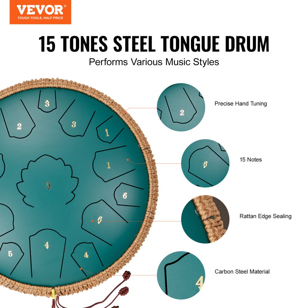 VEVOR Steel Tongue Drum, 14 in & 15 Notes, Rain Drum for Outside Garden, D Major Key, Tank Drum with 2 Mallets & Carry Bag, Hand Pan Drum Percussion Instrument for Musical Education Yoga, Green