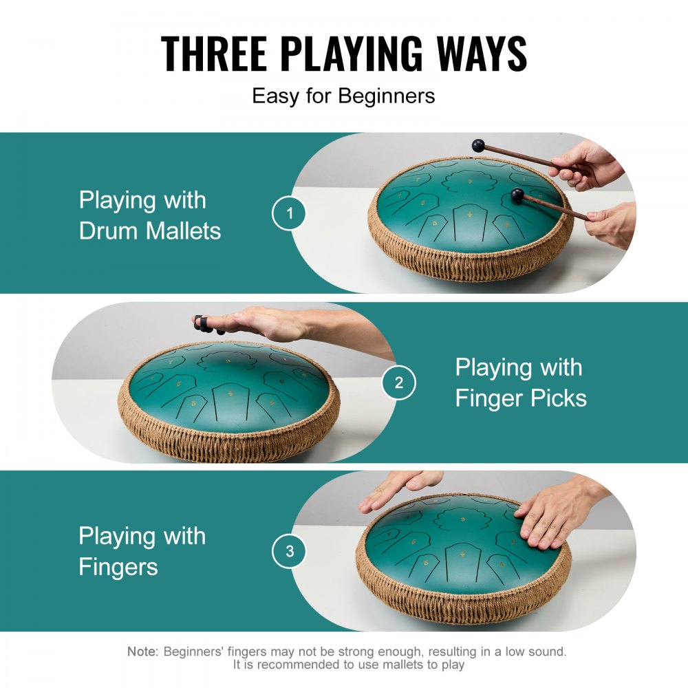 VEVOR Steel Tongue Drum, 14 in & 15 Notes, Rain Drum for Outside Garden, D Major Key, Tank Drum with 2 Mallets & Carry Bag, Hand Pan Drum Percussion Instrument for Musical Education Yoga, Green