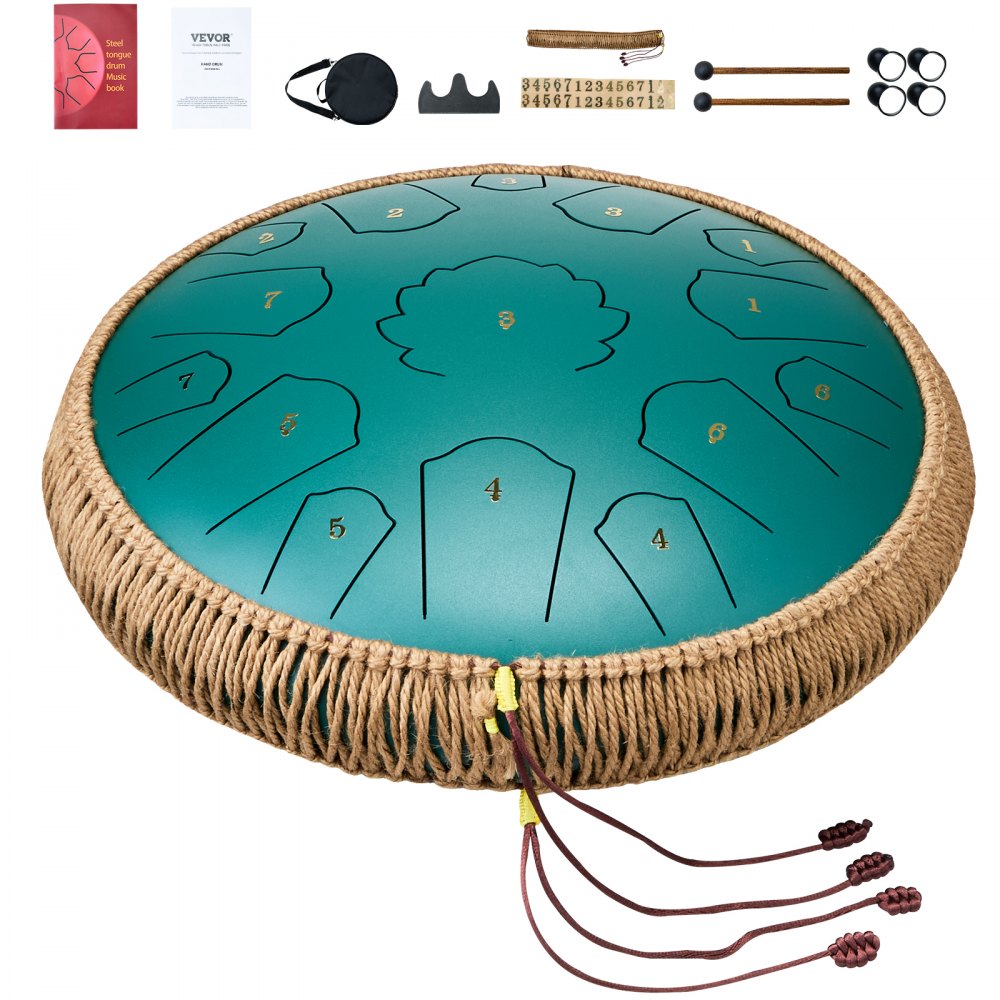 VEVOR Steel Tongue Drum, 14 in & 15 Notes, Rain Drum for Outside Garden, D Major Key, Tank Drum with 2 Mallets & Carry Bag, Hand Pan Drum Percussion Instrument for Musical Education Yoga, Green