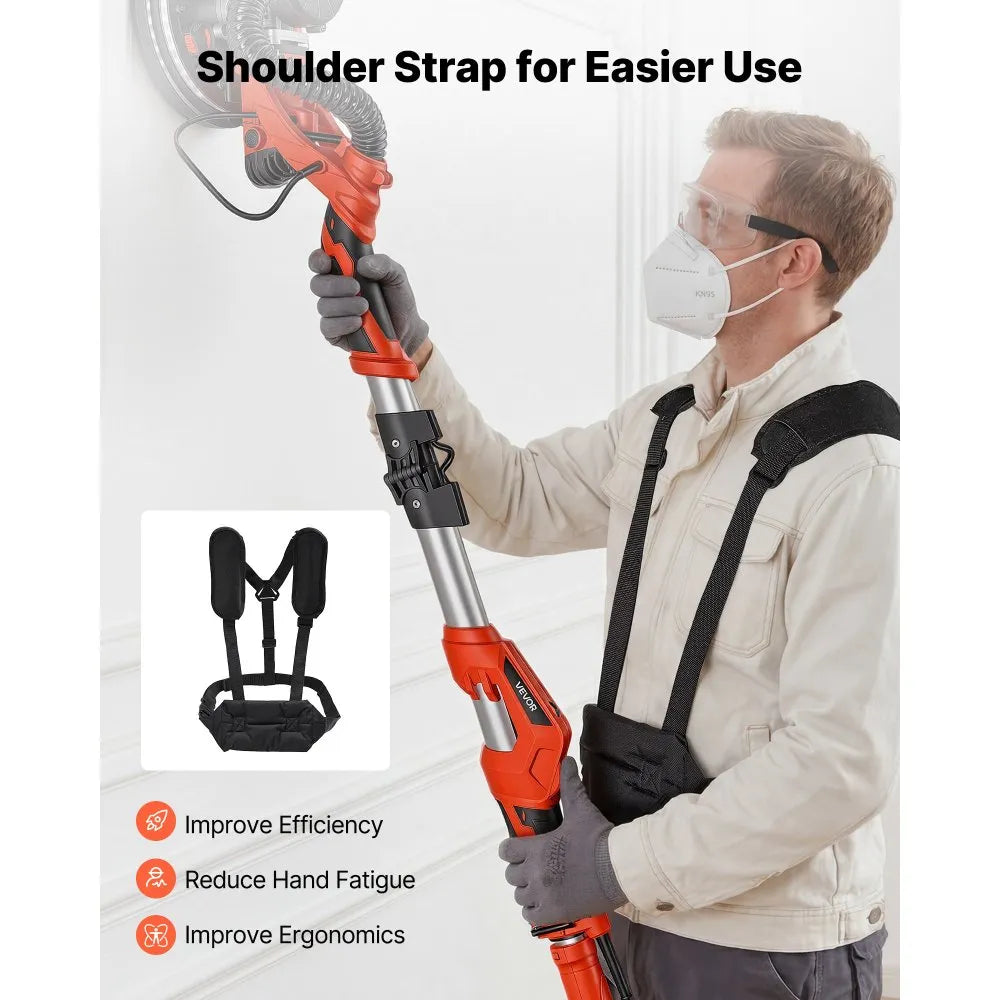 VEVOR Drywall Sander, 1150W Electric Drywall Sander, Popcorn Ceiling Removal Tool with Vacuum Dust Collection, 5 Variable Speed 800-1700 RPM, LED Light, Foldable & Extendable Handle, 15 Sanding Discs