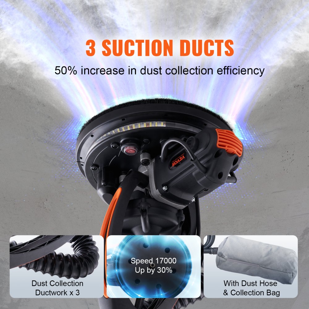 VEVOR Wall Smoother, 900W Power Tool, Includes 12 Sanding Pads, Adjustable Speeds from 800-1800 RPM, 3 Vacuum Tubes, Collapsible Design for Ceilings, Dual LED, Telescopic Grip & Dust Collector
