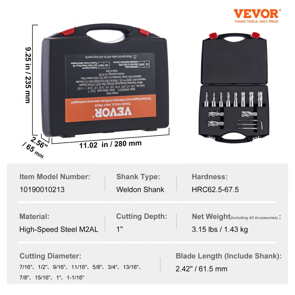 VEVOR Annular Cutter Set, 13 pcs Weldon Shank Mag Drill Bits, 7/16" to 1-1/16" Cutting Diameter, 1" Cutting Depth, M2AL HSS, 2 Pilot Pins, Hex Wrench and Portable Case, for Using with Magnetic Drills