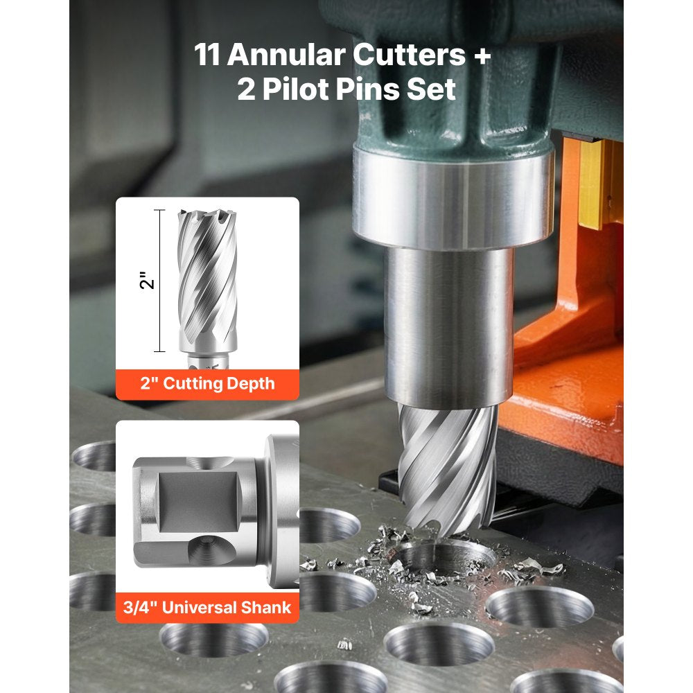 VEVOR Annular Cutter Set, 13 pcs Universal Shank Mag Drill Bits Kit, 2" Cutting Depth, 7/16" to 1-1/16" Cutting Diameter, HSS, 11 Drill Bits with 2 Pilot Pins, Plastic Case, for Magnetic Drills, Steel