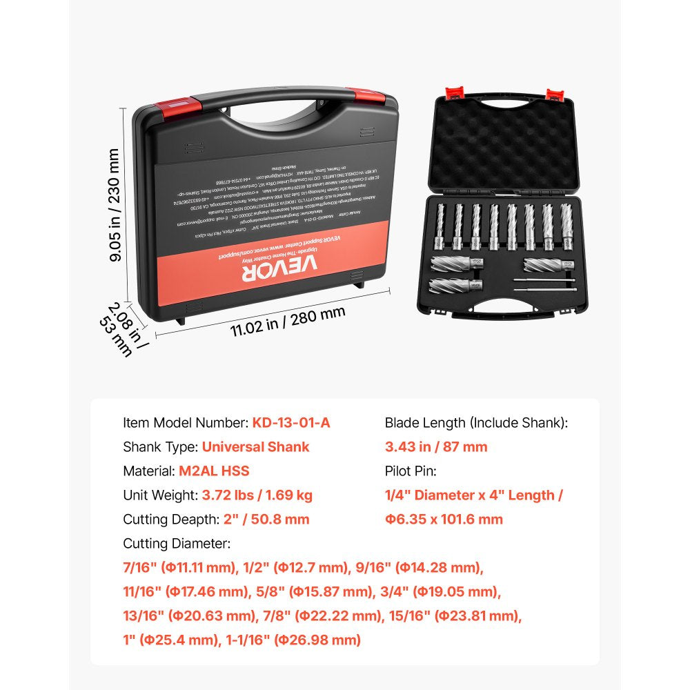 VEVOR Annular Cutter Set, 13 pcs Universal Shank Mag Drill Bits Kit, 2" Cutting Depth, 7/16" to 1-1/16" Cutting Diameter, HSS, 11 Drill Bits with 2 Pilot Pins, Plastic Case, for Magnetic Drills, Steel