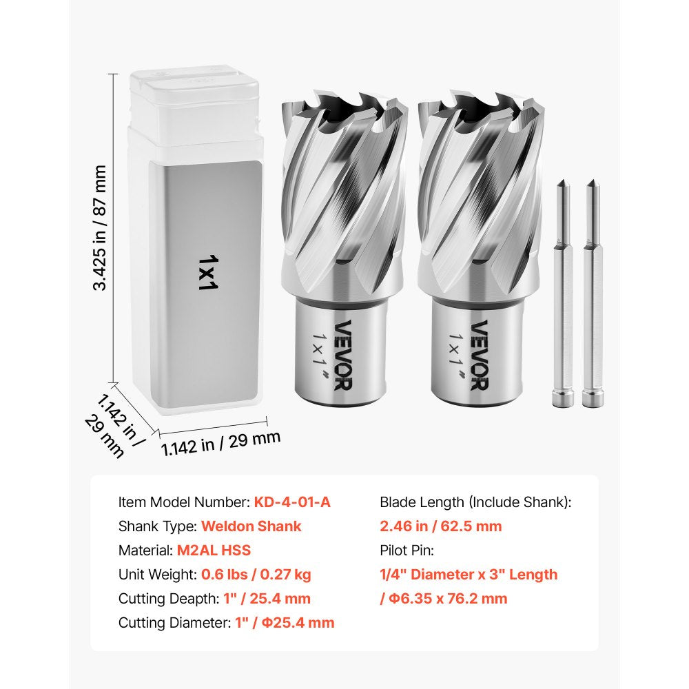 VEVOR Annular Cutter Set, 4 pcs Weldon Shank Mag Drill Bits Kit, 1" Cutting Depth, 1" Cutting Diameter, HSS, 2 Drill Bits with 2 Pilot Pins and Plastic Cases, for Magnetic Drills, Steel, Aluminum