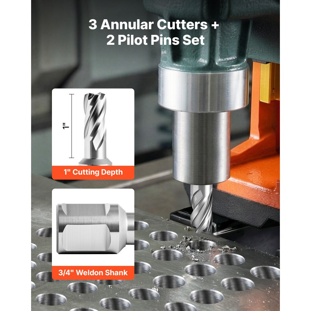 VEVOR Annular Cutter Set, 5 pcs Weldon Shank Mag Drill Bits Kit, 1" Cutting Depth, 1/2" Cutting Diameter, HSS, 3 Drill Bits with 2 Pilot Pins and 3 Plastic Cases, for Magnetic Drills, Steel, Aluminum