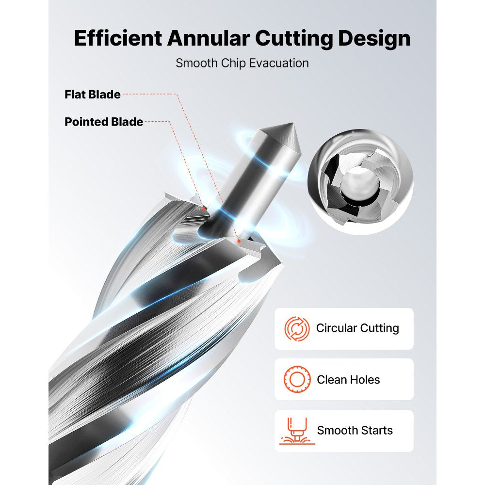 VEVOR Annular Cutter Set, 5 pcs Weldon Shank Mag Drill Bits Kit, 1" Cutting Depth, 1/2" Cutting Diameter, HSS, 3 Drill Bits with 2 Pilot Pins and 3 Plastic Cases, for Magnetic Drills, Steel, Aluminum