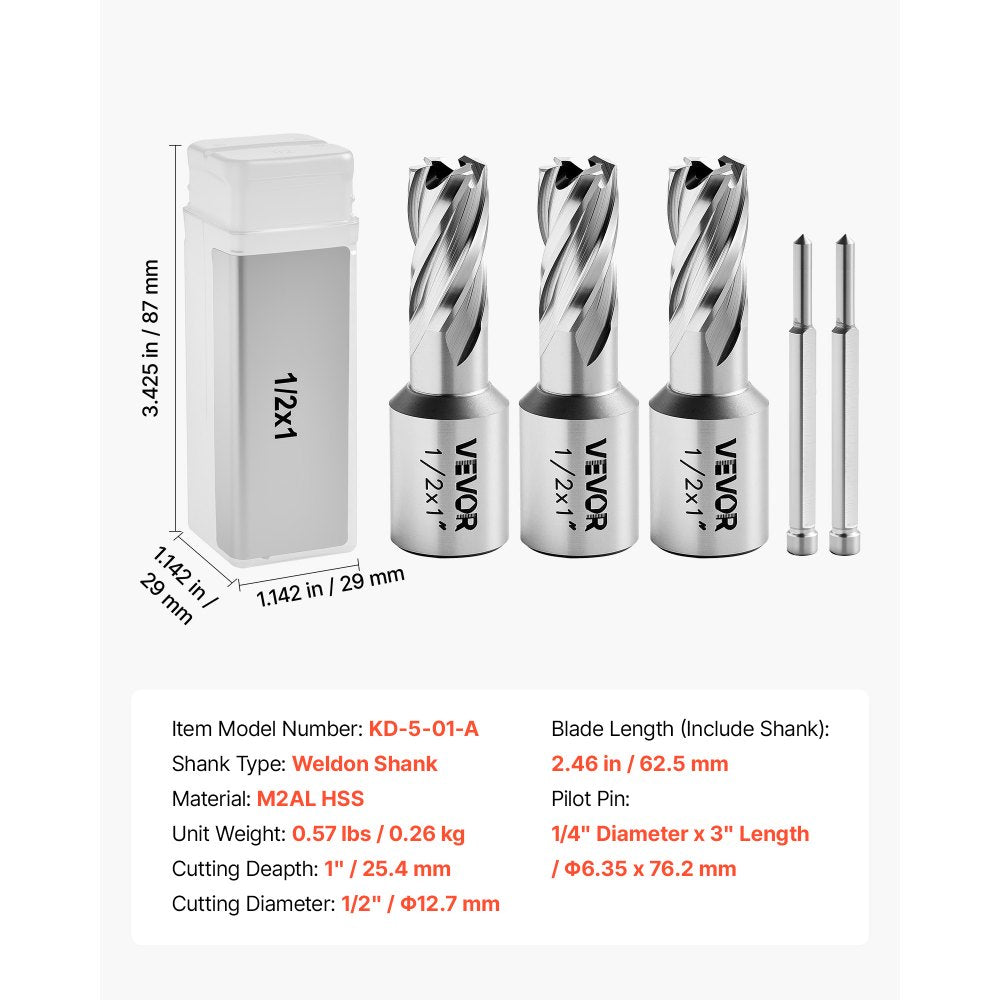 VEVOR Annular Cutter Set, 5 pcs Weldon Shank Mag Drill Bits Kit, 1" Cutting Depth, 1/2" Cutting Diameter, HSS, 3 Drill Bits with 2 Pilot Pins and 3 Plastic Cases, for Magnetic Drills, Steel, Aluminum