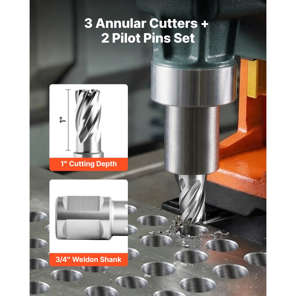 VEVOR Annular Cutter Set, 5 pcs Weldon Shank Mag Drill Bits Kit, 1" Cutting Depth, 5/8" Cutting Diameter, HSS, 3 Drill Bits with 2 Pilot Pins and 3 Plastic Cases, for Magnetic Drills, Steel, Aluminum