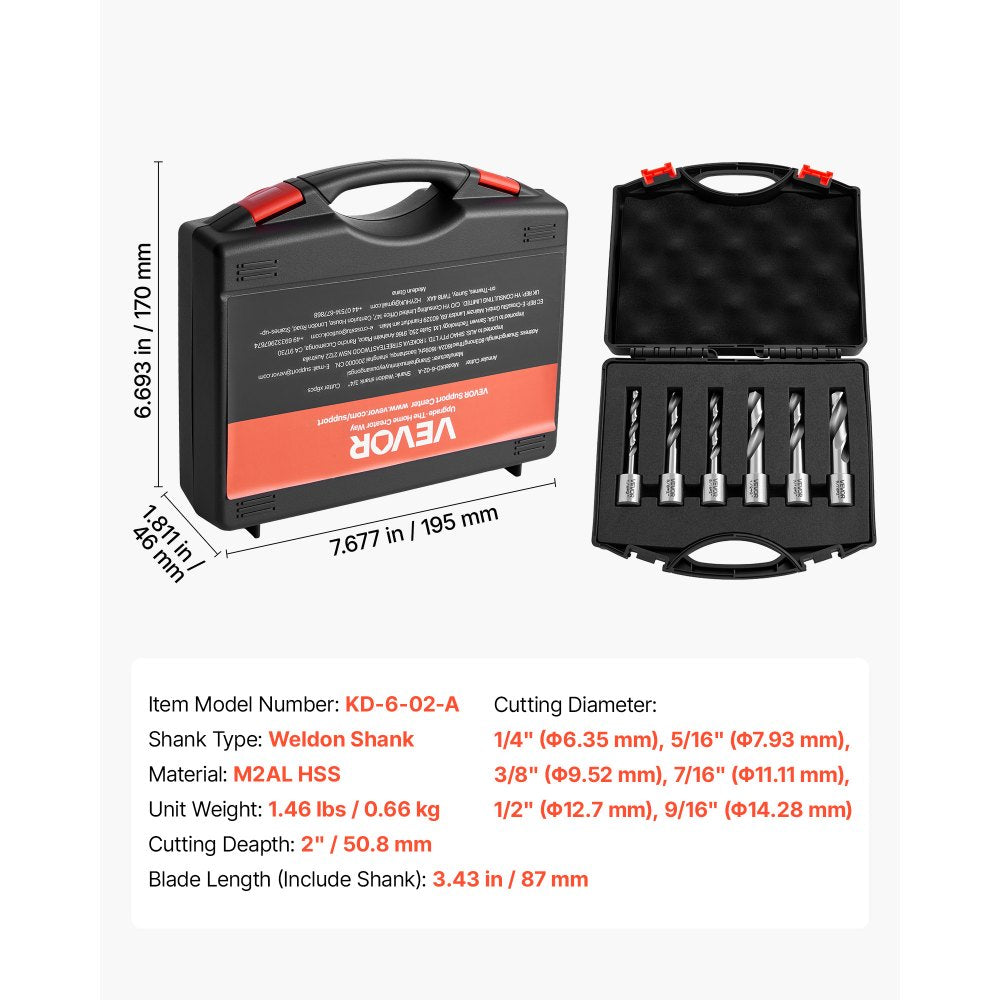 VEVOR Annular Cutter Set, 6 pcs Weldon Shank Mag Drill Bits Kit, 2" Cutting Depth,1/4" to 9/16" Cutting Diameter, HSS, 6 Drill Bits with Plastic Case, for Magnetic Drills, Steel, Aluminum, Copper