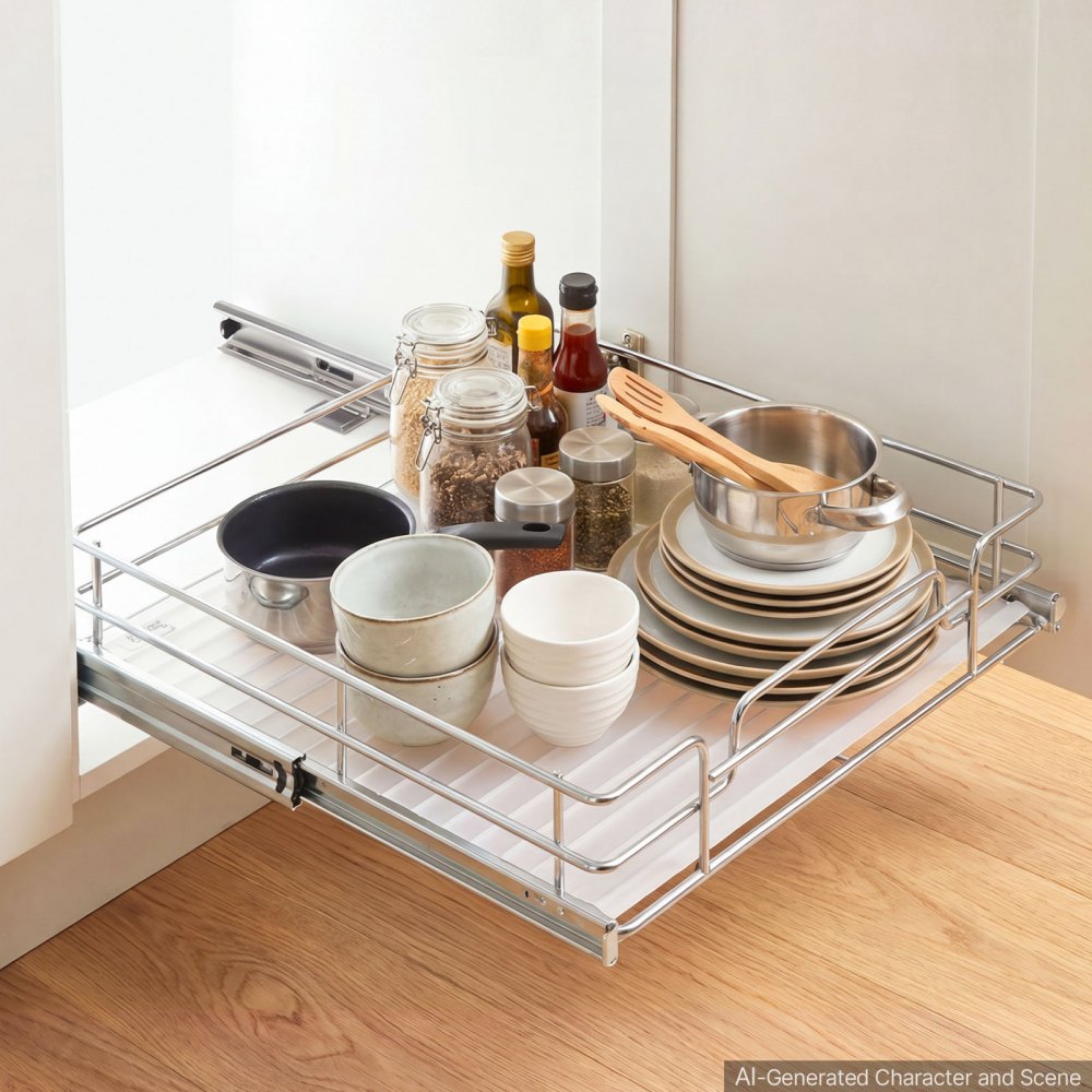 VEVOR Pull Out Cabinet Organizer 12.2"W x 20.98"D Steel Slide Out Drawers, for Kitchen Bathroom Pantry Home Organization, Chrome-Plated Finish, Heavy Duty Storage Sliding Shelves for Base Cabinets