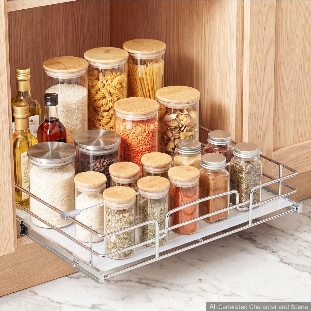 VEVOR Pull Out Cabinet Organizer 15.16"W x 20.98"D Steel Slide Out Drawers, for Kitchen Bathroom Pantry Home Organization, Chrome-Plated Finish, Heavy Duty Storage Sliding Shelves for Base Cabinets