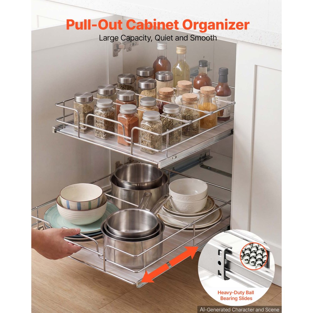 VEVOR 2 Tier Pull Out Cabinet Organizer 16.97"W x 21.22"D Slide Out Drawers, for Kitchen Bathroom Pantry Organization, Chrome-Plated Finish, Heavy Duty Steel Storage Sliding Shelves for Base Cabinets