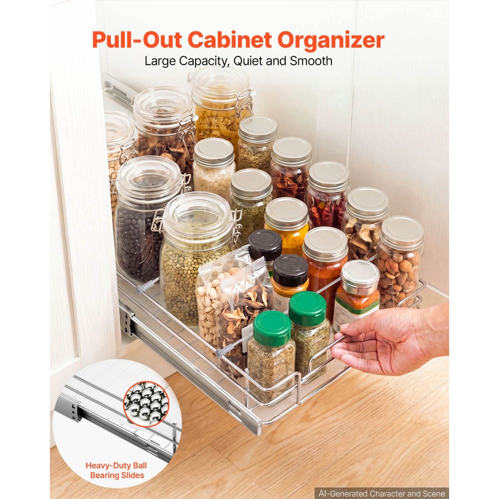 VEVOR Pull Out Cabinet Organizer 18.11"W x 20.98"D Steel Slide Out Drawers, for Kitchen Bathroom Pantry Home Organization, Chrome-Plated Finish, Heavy Duty Storage Sliding Shelves for Base Cabinets