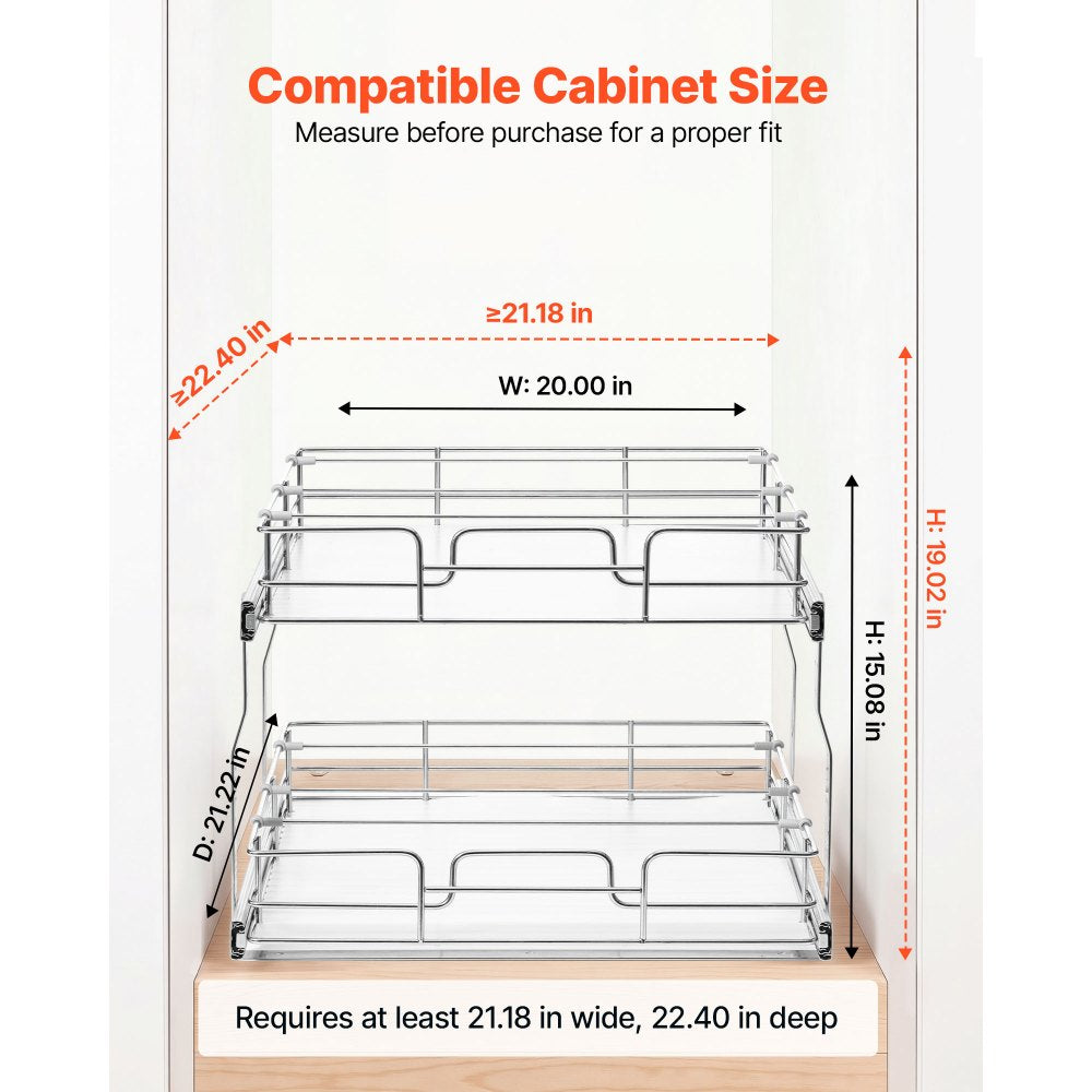 VEVOR 2 Tier Pull Out Cabinet Organizer 20"W x 21.22"D Slide Out Drawers, for Kitchen Bathroom Pantry Organization, Chrome-Plated Finish, Heavy Duty Steel Storage Sliding Shelves for Base Cabinets