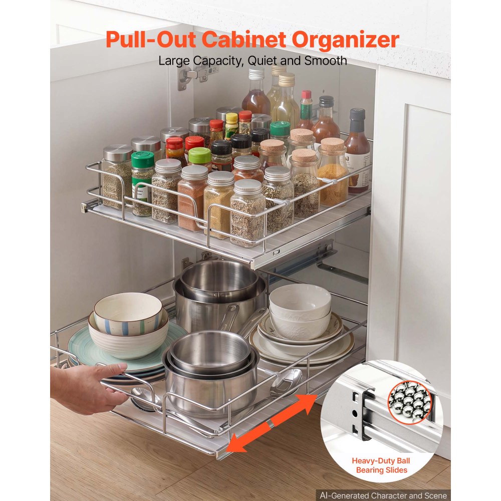 VEVOR 2 Tier Pull Out Cabinet Organizer 20"W x 21.22"D Slide Out Drawers, for Kitchen Bathroom Pantry Organization, Chrome-Plated Finish, Heavy Duty Steel Storage Sliding Shelves for Base Cabinets