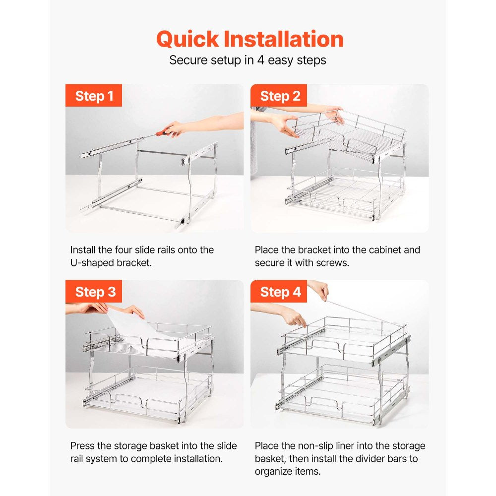 VEVOR 2 Tier Pull Out Cabinet Organizer 20"W x 21.22"D Slide Out Drawers, for Kitchen Bathroom Pantry Organization, Chrome-Plated Finish, Heavy Duty Steel Storage Sliding Shelves for Base Cabinets