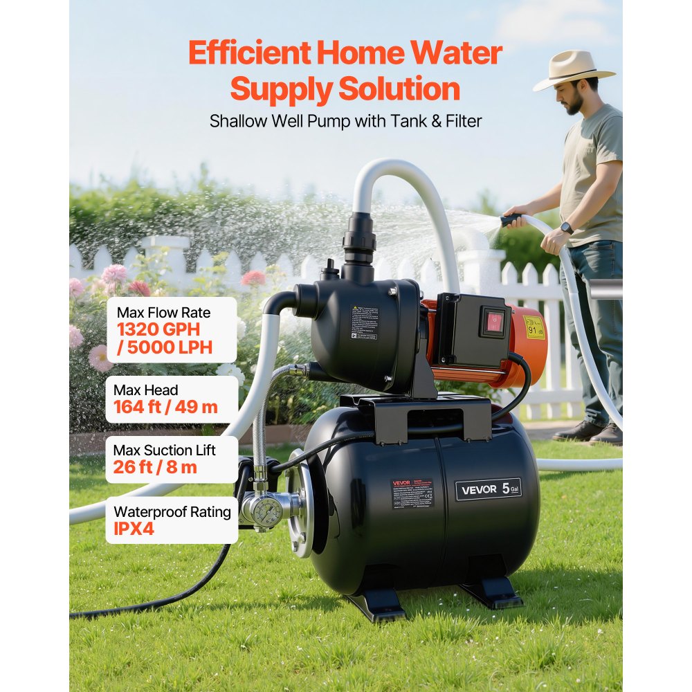 VEVOR 1.1 HP Shallow Well Pump with Pressure Tank, 120V 1320 GPH, Plastic Irrigation Jet Pump with 5-Gal Tank, Automatic Water Booster Transfer System, 20/40 PSI Pressure Switch, for Home Garden Lawn