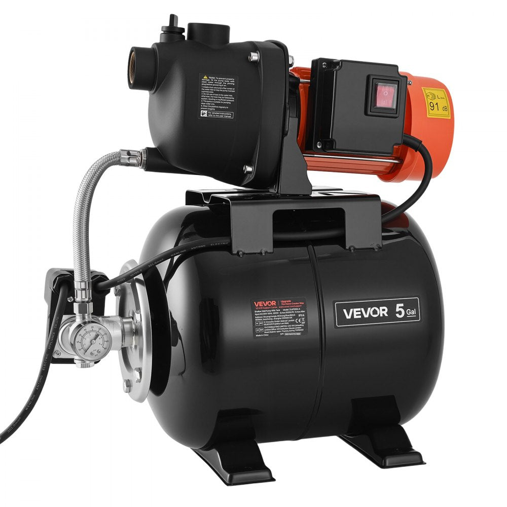VEVOR 1.1 HP Shallow Well Pump with Pressure Tank, 120V 1320 GPH, Plastic Irrigation Jet Pump with 5-Gal Tank, Automatic Water Booster Transfer System, 20/40 PSI Pressure Switch, for Home Garden Lawn
