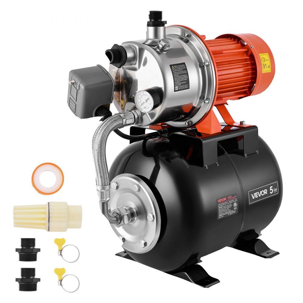 VEVOR 1.6 HP Shallow Well Pump with Pressure Tank, 120V 1320 GPH, Stainless Steel Irrigation Jet Pump with 5-Gal Tank, Automatic Water Booster System, 20/40 PSI Pressure Switch, for Home Garden Lawn