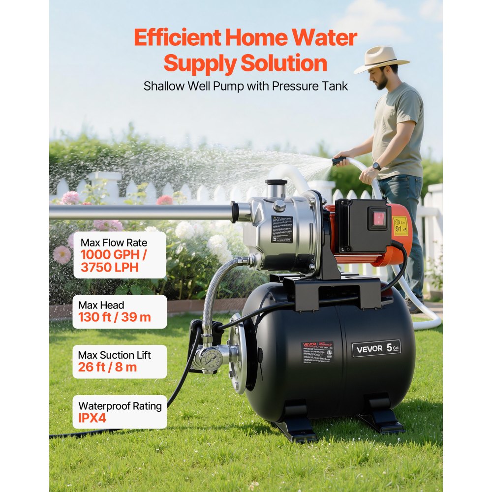 VEVOR 1 HP Shallow Well Pump with Pressure Tank, 120V 1000 GPH, Stainless Steel Irrigation Jet Pump with 5-Gal Tank, Automatic Water Booster System, 20/40 PSI Pressure Switch, for Home Garden Lawn