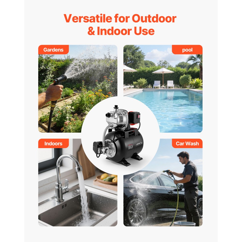 VEVOR 1 HP Shallow Well Pump with Pressure Tank, 120V 1000 GPH, Stainless Steel Irrigation Jet Pump with 5-Gal Tank, Automatic Water Booster System, 20/40 PSI Pressure Switch, for Home Garden Lawn