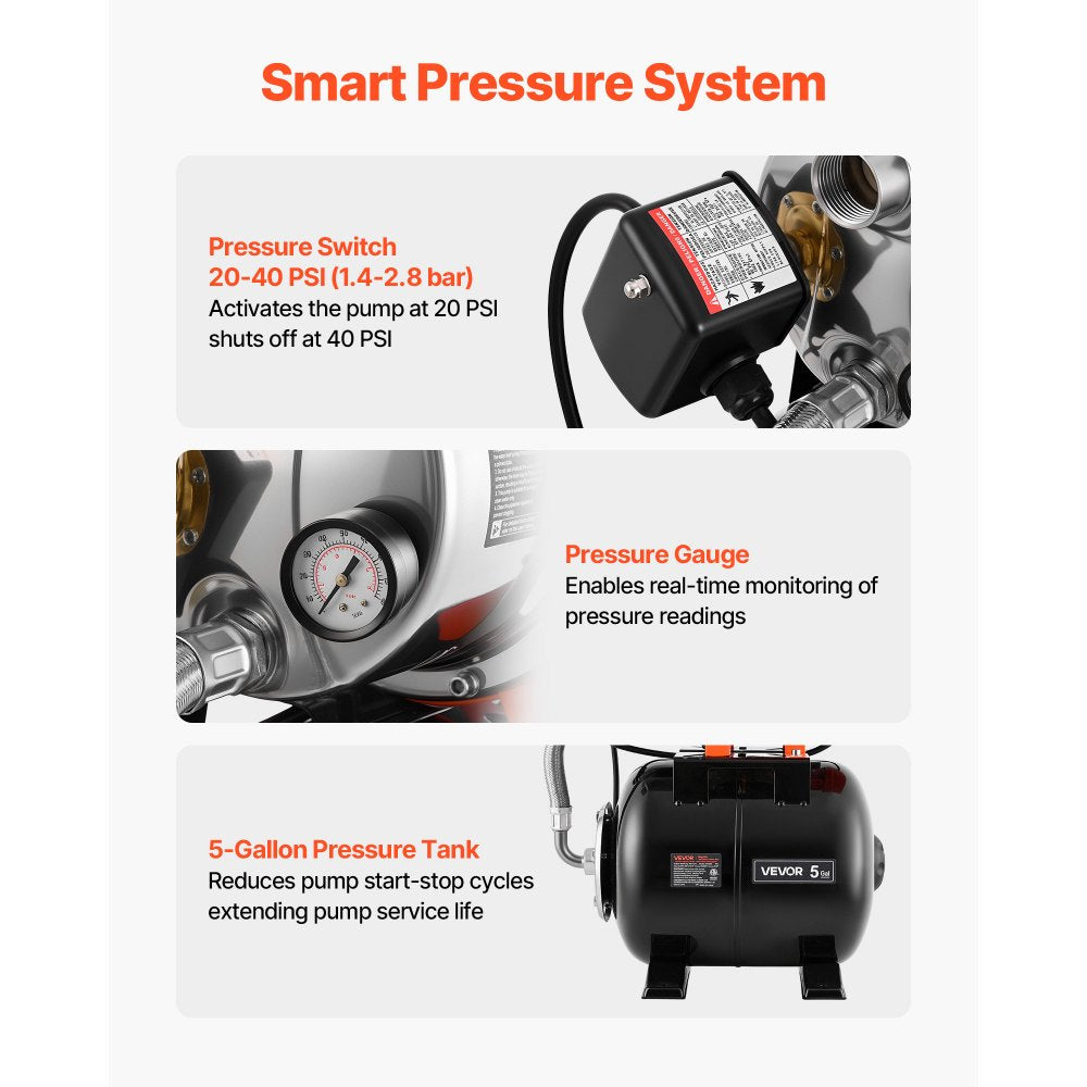 VEVOR 1.6 HP Shallow Well Pump with Pressure Tank, 120V 1320 GPH, Stainless Steel Irrigation Jet Pump with 5-Gal Pressure Tank, Automatic Water Booster System, for Home Garden Lawn, Potable Water