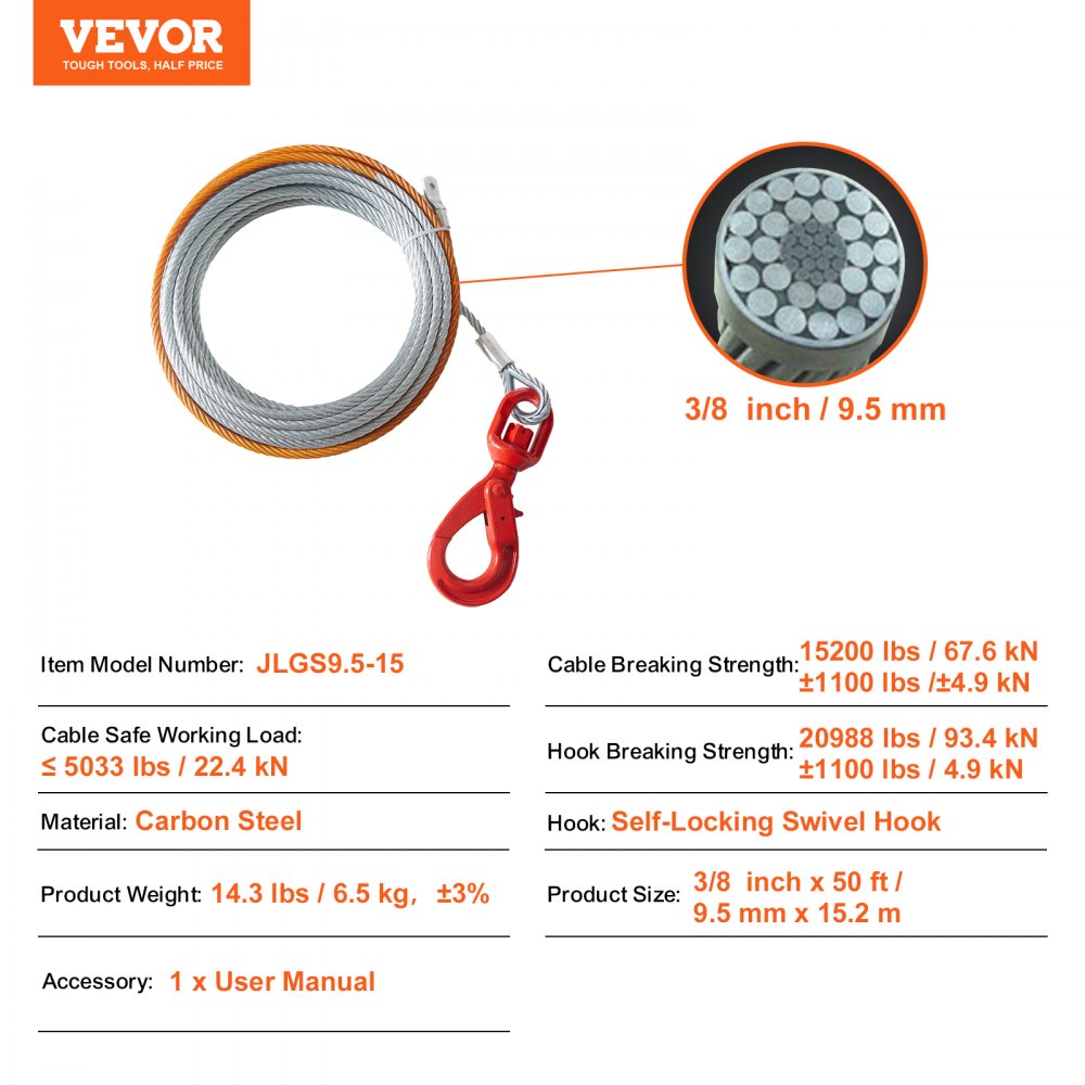 VEVOR Galvanized Steel Winch Cable, 3/8 Inch x 50 Feet 15,200 lbs Breaking Strength, Wire Winch Rope with Swivel Hook, Towing Cable Heavy Duty, Universal Fit for SUV, Large Off-Road Vehicle, Truck