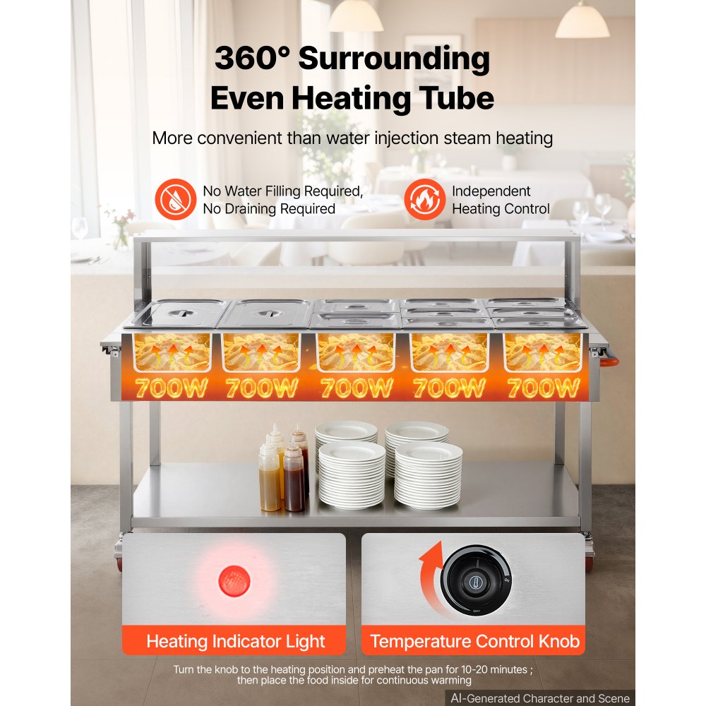 VEVOR Commercial Food Warmer 10 Pans Electric Tube Heating Table 3500W, for Buffet Restaurant Catering, Stainless Steel Server with Folding Board, Undershelf, Rolling Stand, and Temp Control