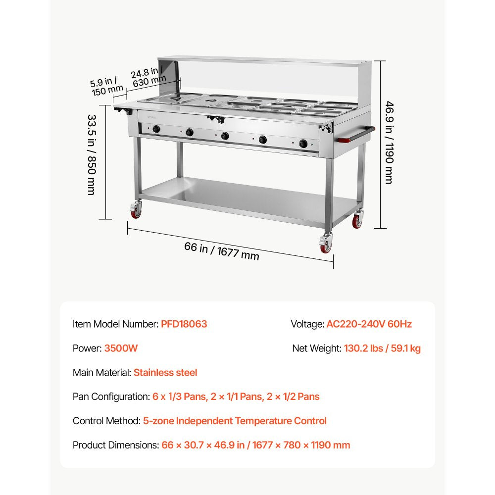 VEVOR Commercial Food Warmer 10 Pans Electric Tube Heating Table 3500W, for Buffet Restaurant Catering, Stainless Steel Server with Folding Board, Undershelf, Rolling Stand, and Temp Control