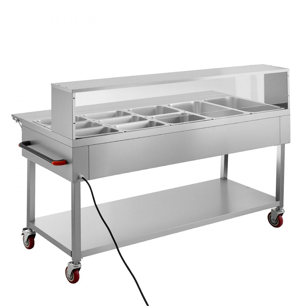 VEVOR Commercial Food Warmer 10 Pans Electric Tube Heating Table 3500W, for Buffet Restaurant Catering, Stainless Steel Server with Folding Board, Undershelf, Rolling Stand, and Temp Control