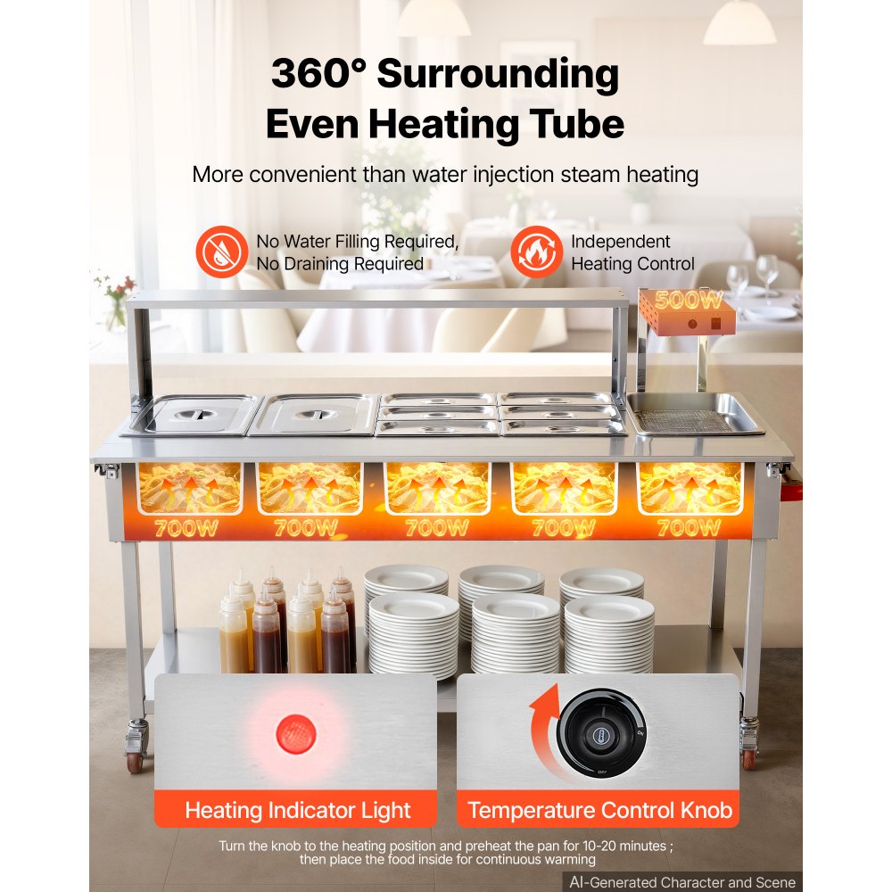 VEVOR Commercial Food Warmer 7 Pans Electric Tube Heating Table 3500W, for Buffet Restaurant Catering, Stainless Steel Server with Food Heat Lamp, Folding Board, Undershelf, and Rolling Stand