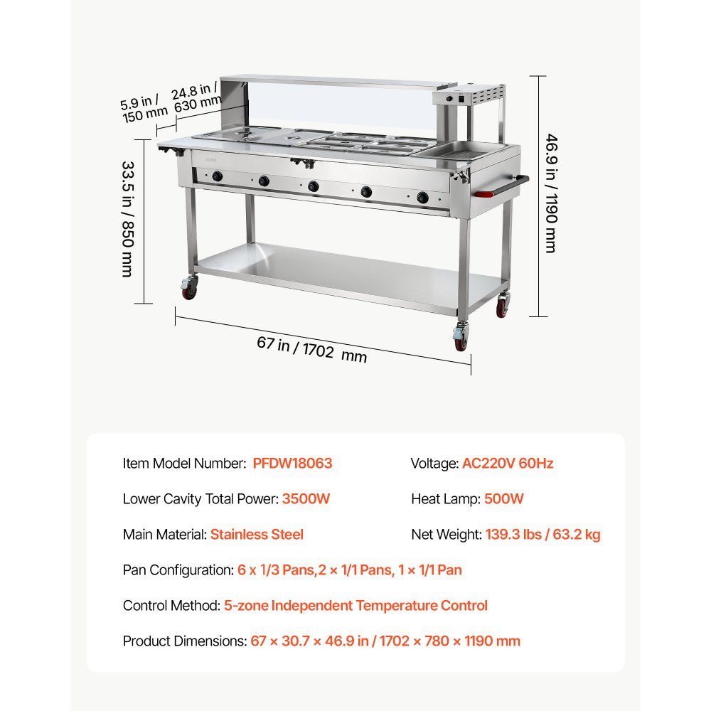 VEVOR Commercial Food Warmer 7 Pans Electric Tube Heating Table 3500W, for Buffet Restaurant Catering, Stainless Steel Server with Food Heat Lamp, Folding Board, Undershelf, and Rolling Stand