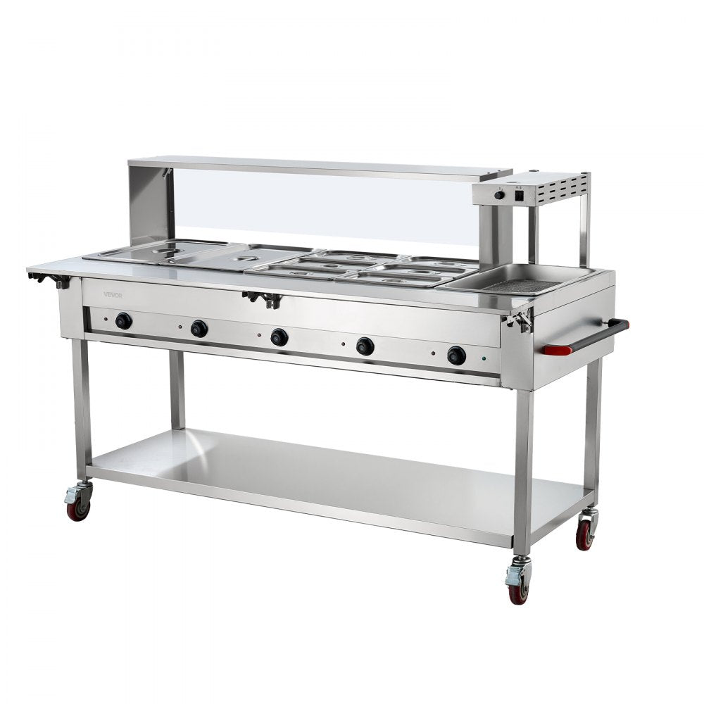 VEVOR Commercial Food Warmer 7 Pans Electric Tube Heating Table 3500W, for Buffet Restaurant Catering, Stainless Steel Server with Food Heat Lamp, Folding Board, Undershelf, and Rolling Stand