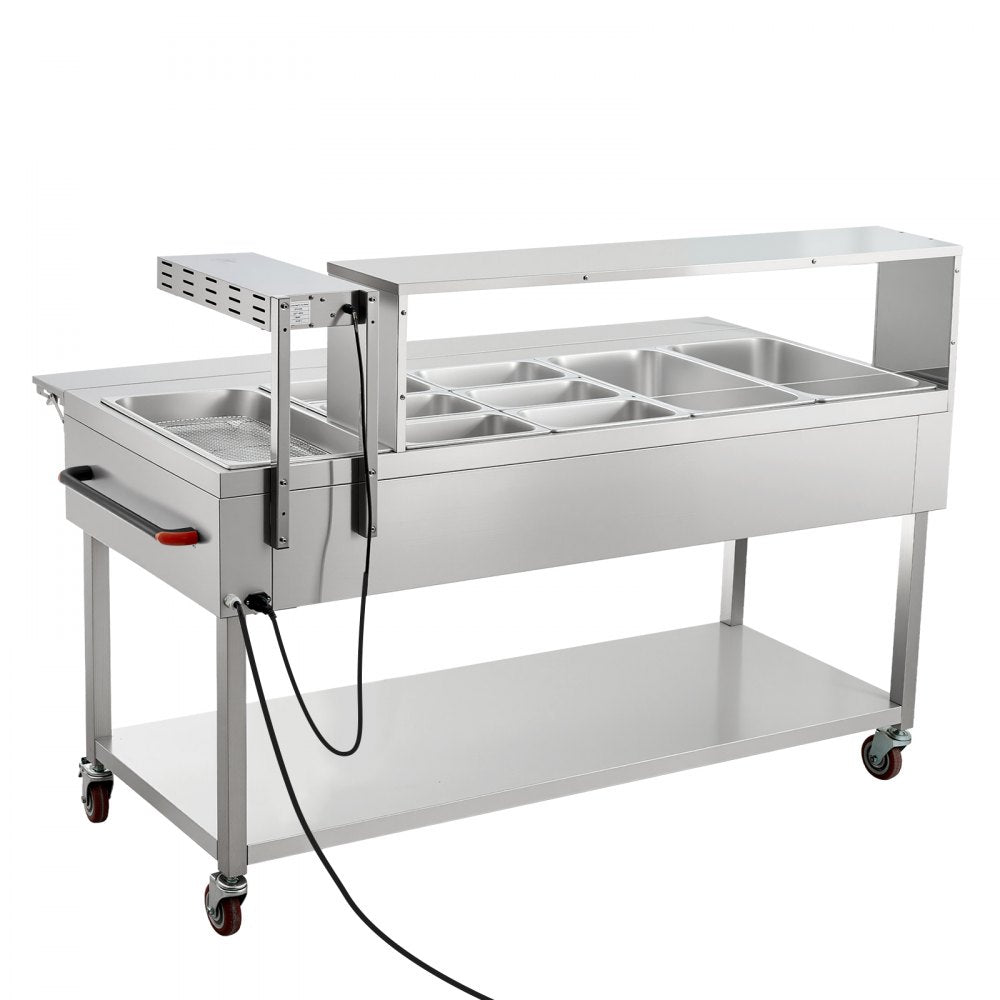VEVOR Commercial Food Warmer 7 Pans Electric Tube Heating Table 3500W, for Buffet Restaurant Catering, Stainless Steel Server with Food Heat Lamp, Folding Board, Undershelf, and Rolling Stand