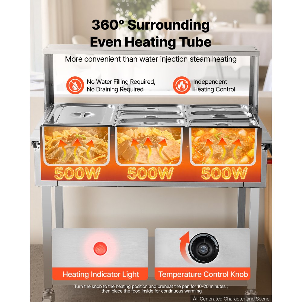 VEVOR Commercial Food Warmer 7 Pans Electric Tube Heating Table 1500W, for Buffet Restaurant Catering, Stainless Steel Server with Folding Board, Undershelf, Rolling Stand, and Temp Control