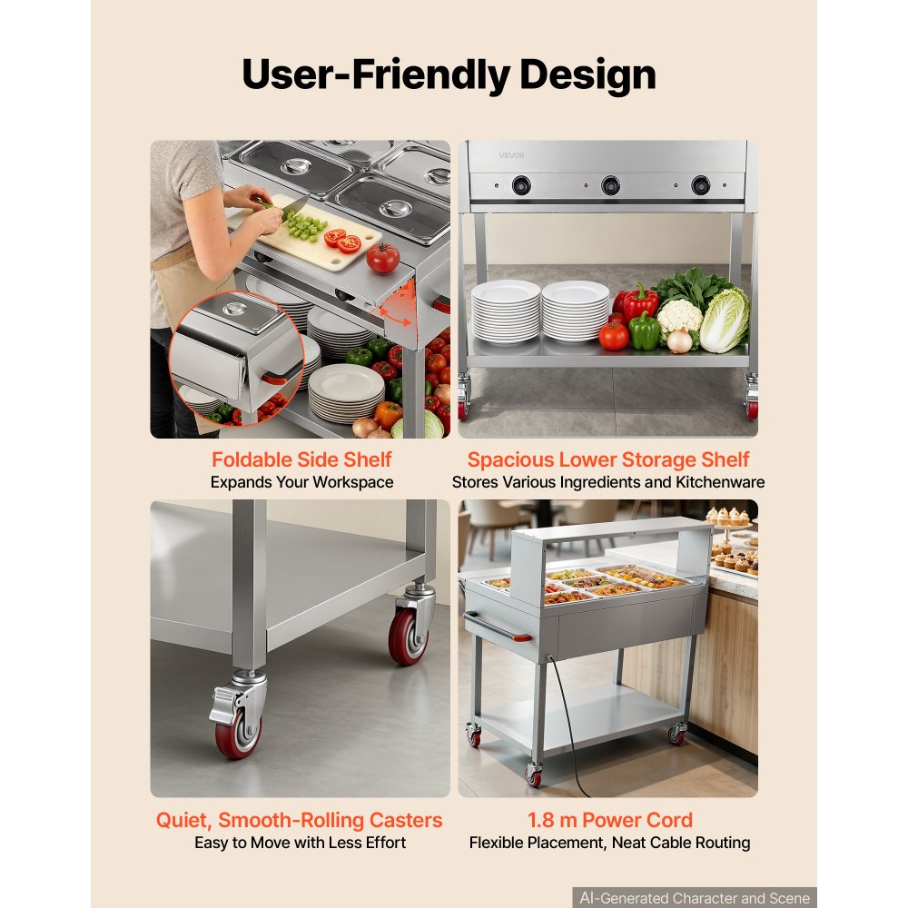 VEVOR Commercial Food Warmer 7 Pans Electric Tube Heating Table 1500W, for Buffet Restaurant Catering, Stainless Steel Server with Folding Board, Undershelf, Rolling Stand, and Temp Control