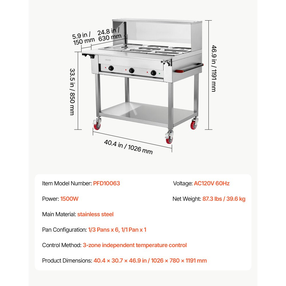 VEVOR Commercial Food Warmer 7 Pans Electric Tube Heating Table 1500W, for Buffet Restaurant Catering, Stainless Steel Server with Folding Board, Undershelf, Rolling Stand, and Temp Control