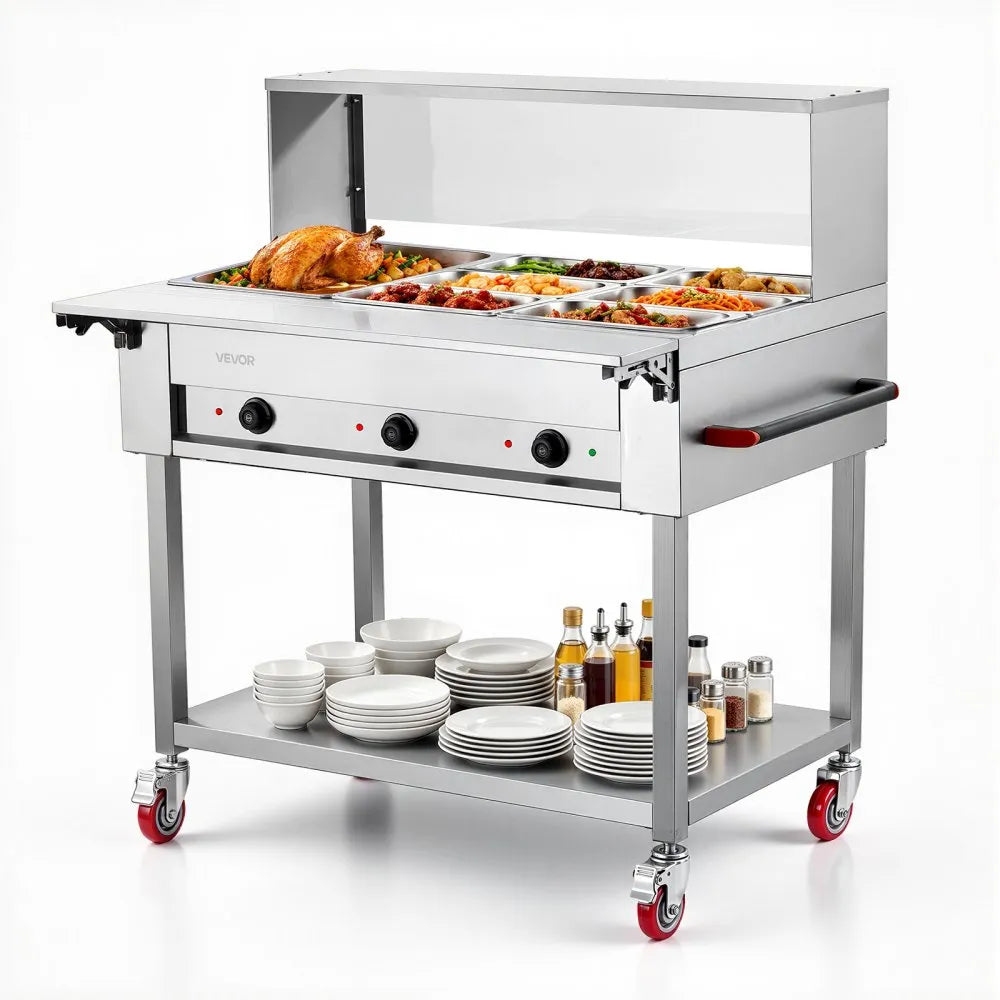 Vevor Food Warmer Commercial 7-Pan Electric Tube Heating Table 1500W with Folding Board, Undershelf, Rolling Stand & Temp Control New