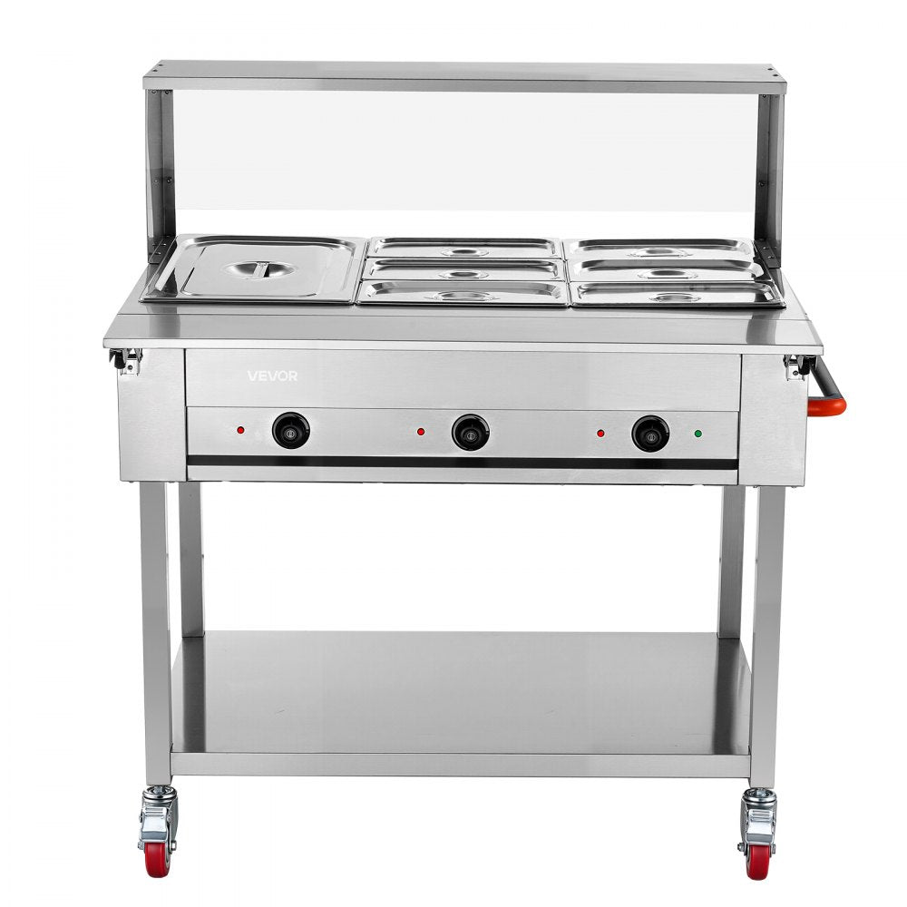 VEVOR Commercial Food Warmer 7 Pans Electric Tube Heating Table 1500W, for Buffet Restaurant Catering, Stainless Steel Server with Folding Board, Undershelf, Rolling Stand, and Temp Control