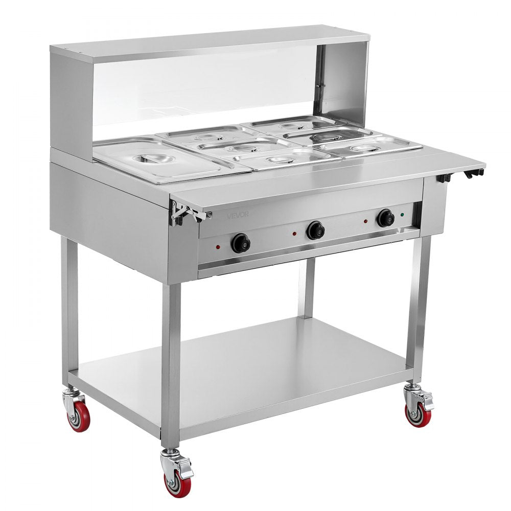 VEVOR Commercial Food Warmer 7 Pans Electric Tube Heating Table 1500W, for Buffet Restaurant Catering, Stainless Steel Server with Folding Board, Undershelf, Rolling Stand, and Temp Control