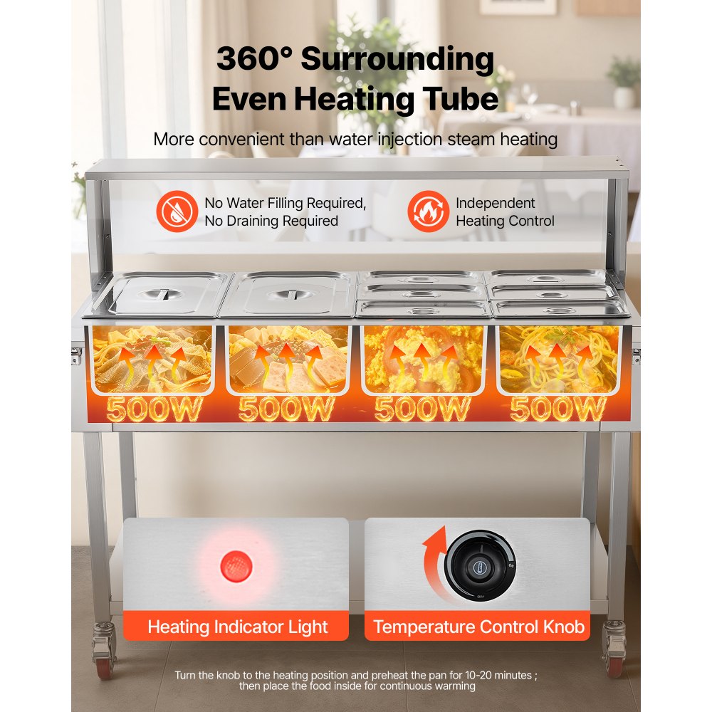 VEVOR Commercial Food Warmer 8 Pans Electric Tube Heating Table 2000W, for Buffet Restaurant Catering, Stainless Steel Server with Folding Board, Undershelf, Rolling Stand, and Temp Control