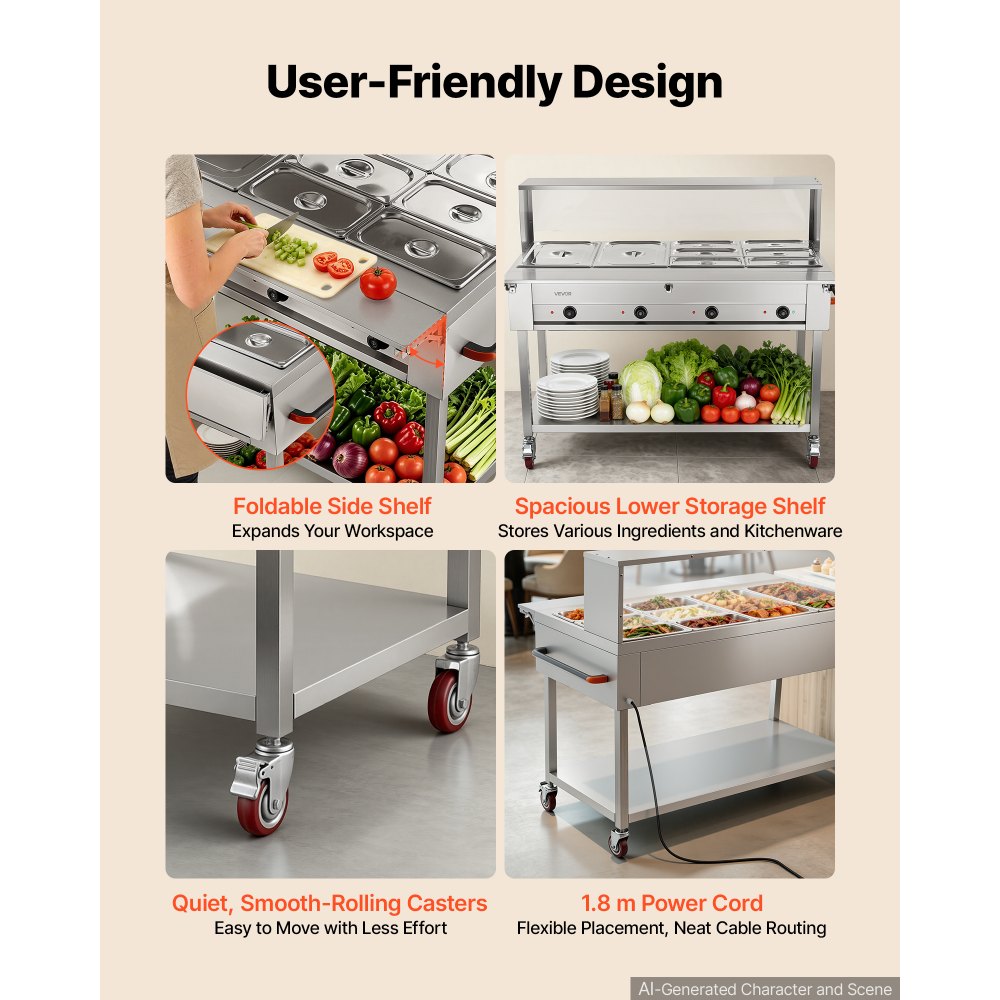 VEVOR Commercial Food Warmer 8 Pans Electric Tube Heating Table 2000W, for Buffet Restaurant Catering, Stainless Steel Server with Folding Board, Undershelf, Rolling Stand, and Temp Control