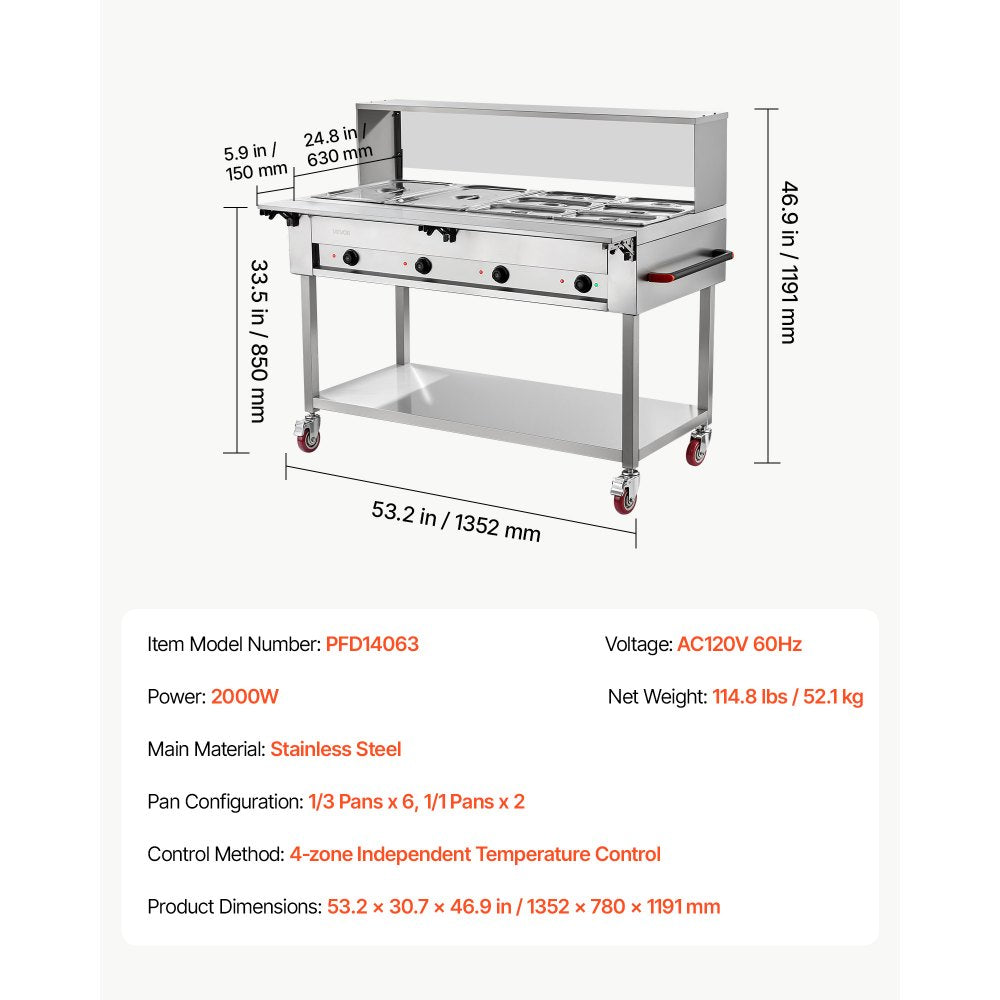VEVOR Commercial Food Warmer 8 Pans Electric Tube Heating Table 2000W, for Buffet Restaurant Catering, Stainless Steel Server with Folding Board, Undershelf, Rolling Stand, and Temp Control