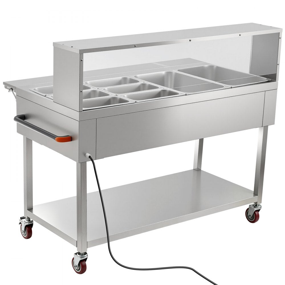 VEVOR Commercial Food Warmer 8 Pans Electric Tube Heating Table 2000W, for Buffet Restaurant Catering, Stainless Steel Server with Folding Board, Undershelf, Rolling Stand, and Temp Control