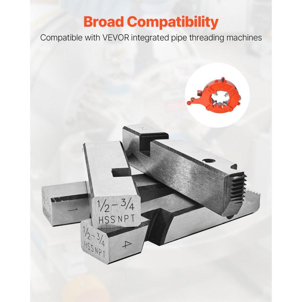 VEVOR Threading Machine Dies, 1/2"-3/4" NPT Pipe Dies(4 Packs), Right-Handed HSS Pipe Threading Dies, Fit VEVOR Integrated Pipe Threading Machines