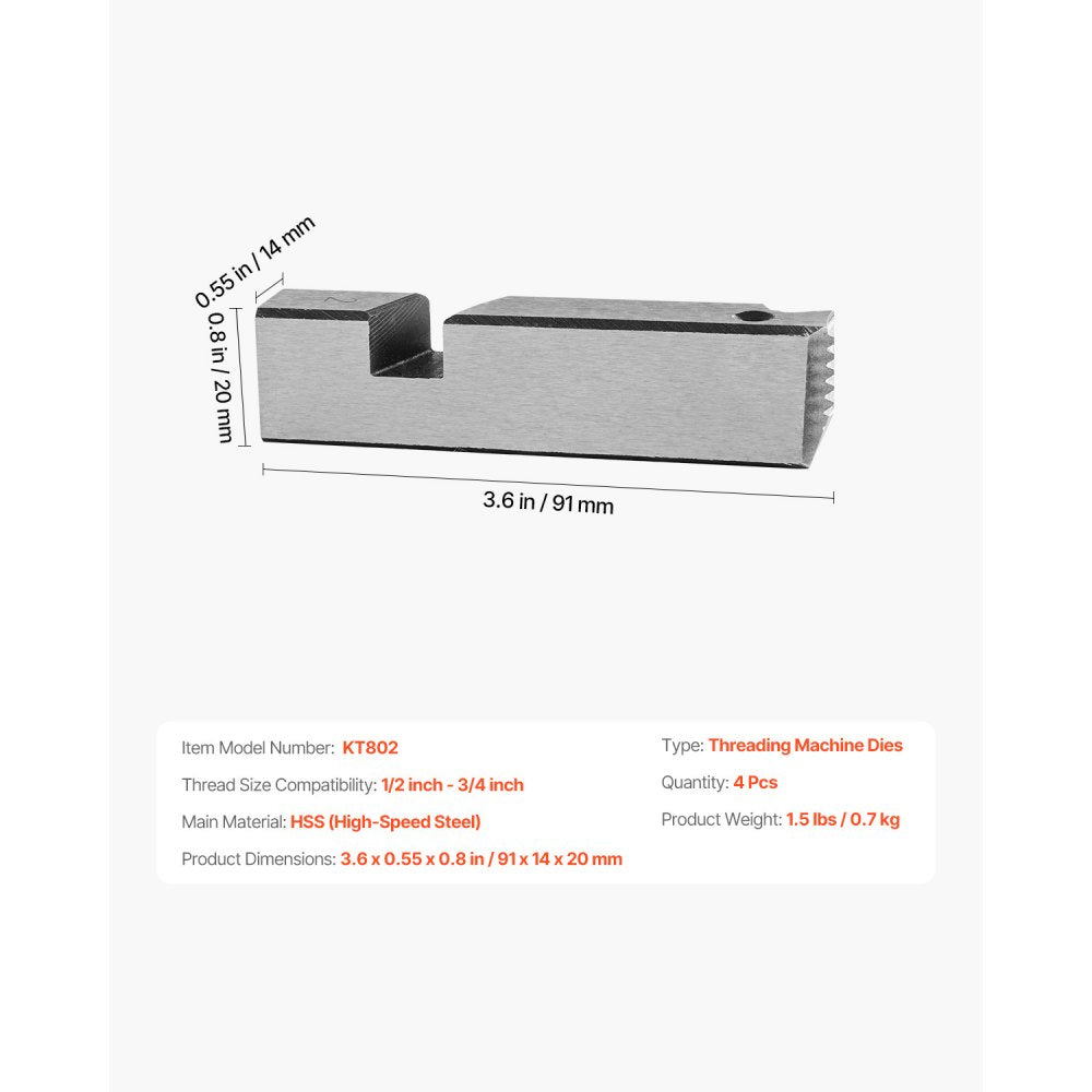 VEVOR Threading Machine Dies, 1/2"-3/4" NPT Pipe Dies(4 Packs), Right-Handed HSS Pipe Threading Dies, Fit VEVOR Integrated Pipe Threading Machines