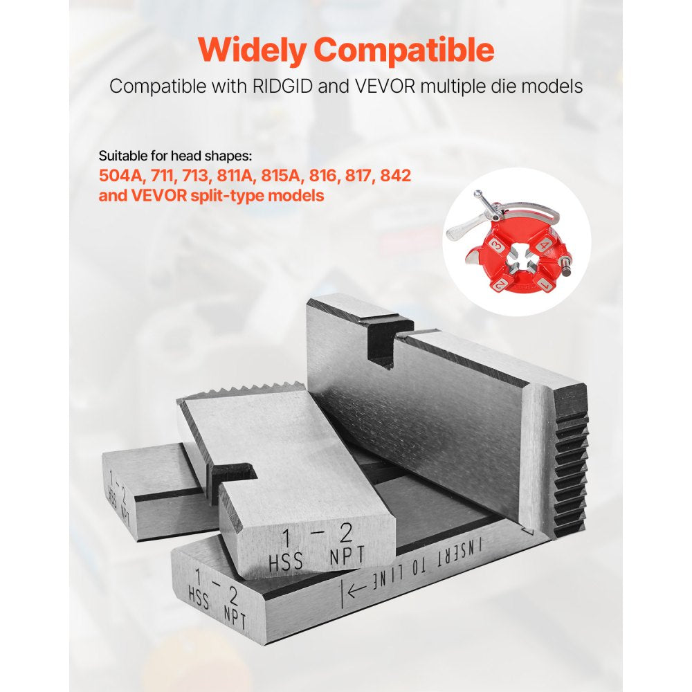 VEVOR Threading Machine Dies, 1"-2" NPT Pipe Dies(4 Packs), Right-Handed HSS Pipe Threading Dies, Fit VEVOR Split-Type Machines, RIDGID Universal Die Heads 504A, 711, 713, 811A, 815A, 816, 817, 842